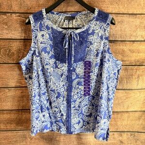 Rafaella Blue and White Sleeveless Tie Front Top